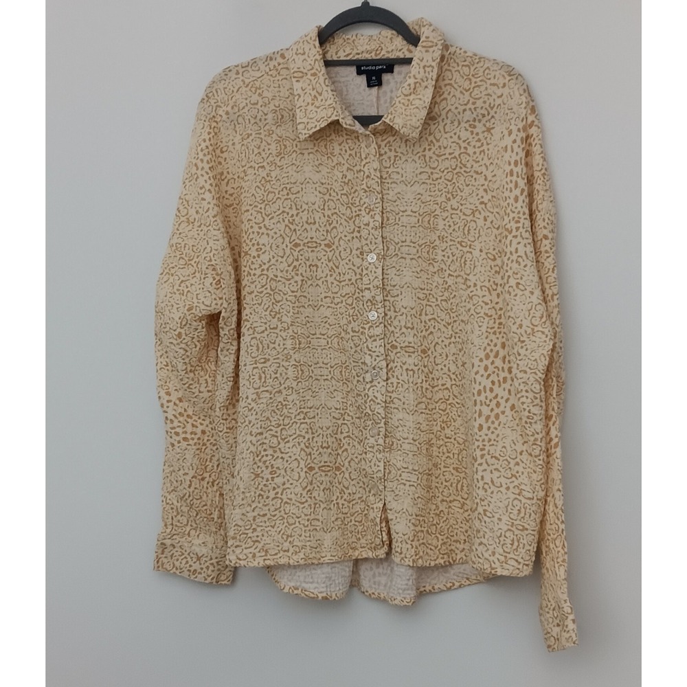 Studio Park x Amy Stran Shirt Women's Size XL Cotton Gauze Button Front Animal